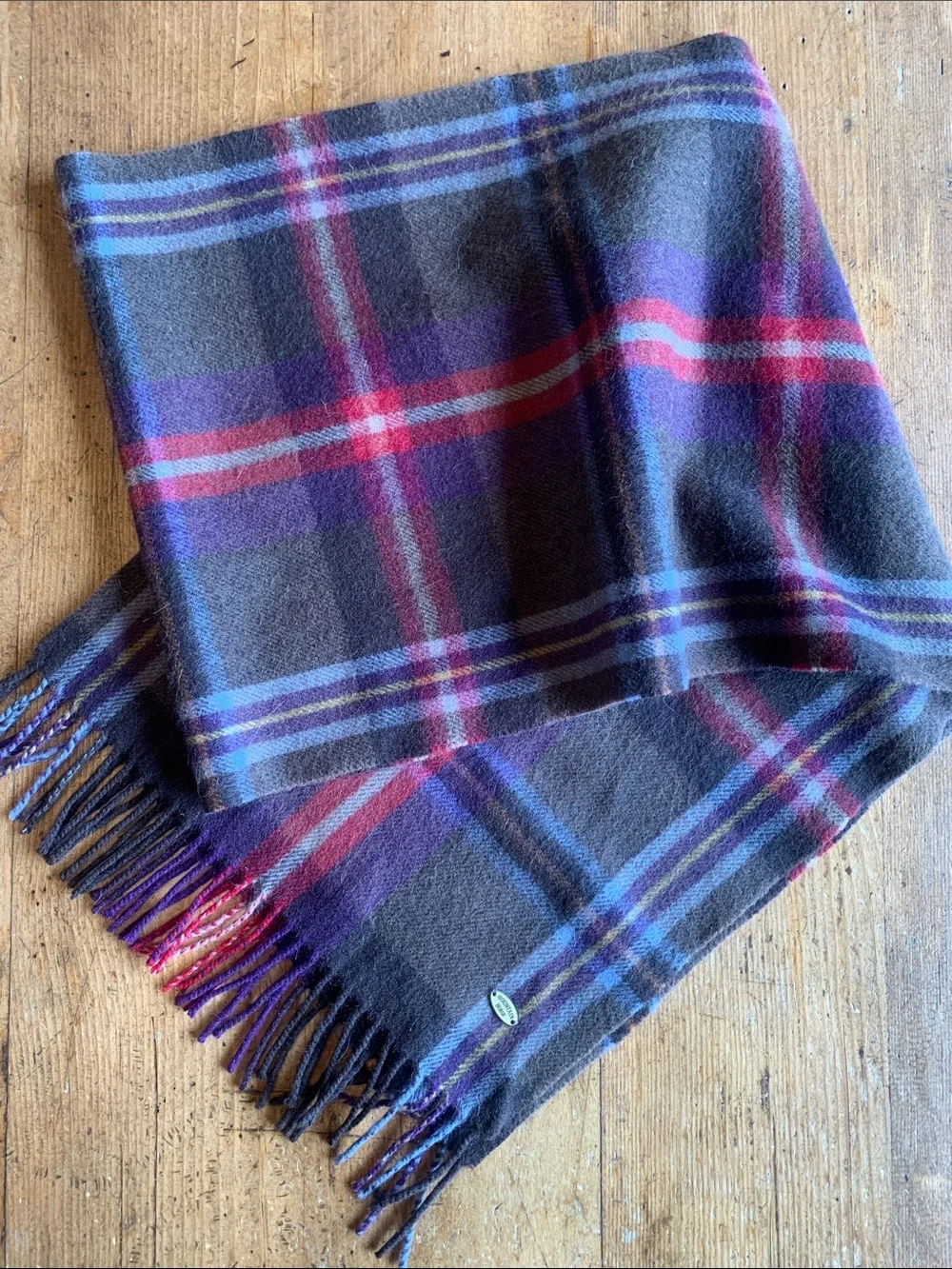 Mountain Horse Wool Blend Plaid Fringe Wool Blend Scarf in Gray, Purple & Red